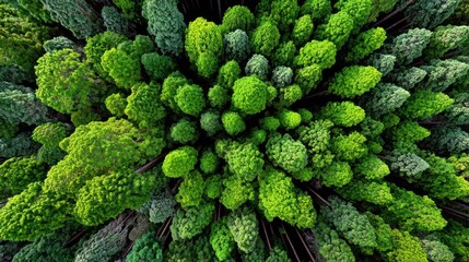 Verdant canopy showcases treetops' textures, a dense forest seen from above, blending shades of emerald, lime, and forest green in a natural mosaic