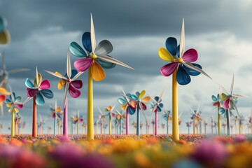Colorful Paper Wind Turbines In A Field Under A Cloudy Sky