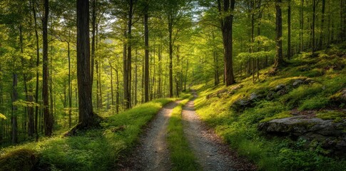Fototapeta premium A sunlit gravel path winds through a lush forest, surrounded by verdant trees and mossy rocks. Nature's tranquility at its finest