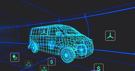 Plug icon fading triggers icons pulsing, sliding around van illustrating energy cost factors - Powered by Adobe