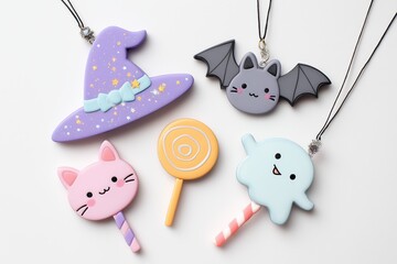 Colorful Polymer Clay Halloween Necklaces Witch Hat, Bat, Cat, Ghost, and Lollipop Charms