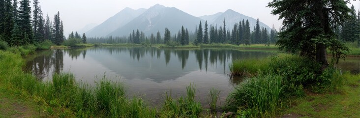 Fototapeta premium Serene lake reflects hazy mountains amidst lush green trees and grasses, creating a tranquil and misty natural panorama