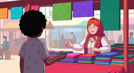 A young person with curly hair is buying colorful fabrics from a vendor at an outdoor market stall.