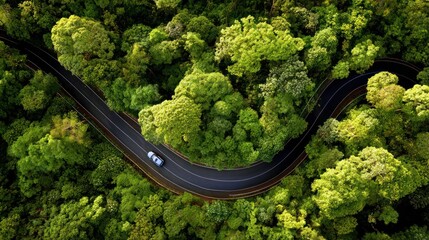 Aerial shot car travels along a winding road through lush, dense, vibrant green forest canopy, casting shadows on the asphalt