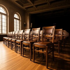 Rows of elegant wooden chairs in a sunlit hall create a formal and inviting atmosphere.