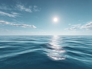 Obraz premium Open expanse of shimmering ocean under a bright sun with wispy clouds dotting a serene, clear sky. Water reflects sunlight