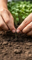Hands carefully place a seedling into the dark, fertile soil, surrounded by a field of emerging plants.