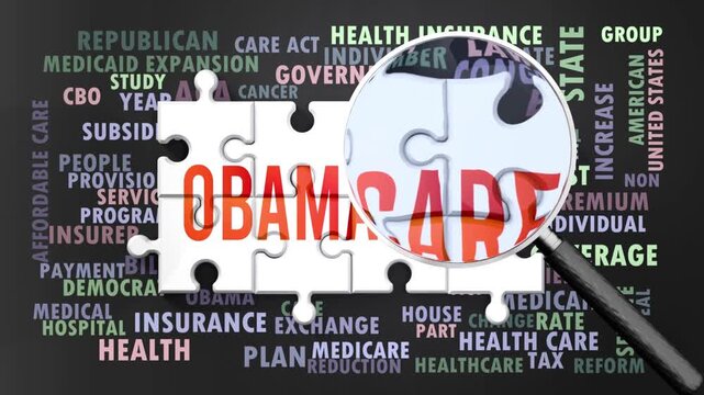 Obamacare under magnifying glass, being researched, studied and examined. Most important subjects and ideas closely related to obamacare written around a puzzle.Can be looped.