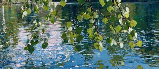 Verdant leaves overhang tranquil waters, creating ripples in the surface, reflecting sky and nearby trees. Calm, peaceful, natural setting