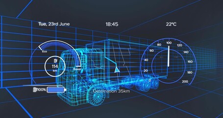 Battery charging and draining driving speeding and slowing of 3D truck on HUD showing charge cycle - Powered by Adobe
