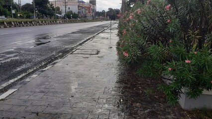 Puddles on the sidewalk on a rainy day