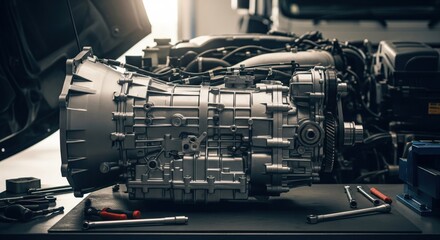Heavy-duty transmission, disassembled, on workbench