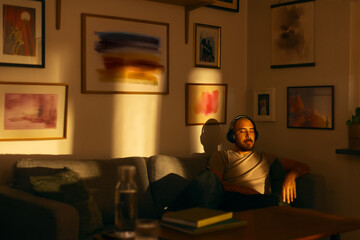 Man relaxing on a sofa with headphones in warm evening light. The cozy living room is decorated with framed artwork on the walls.