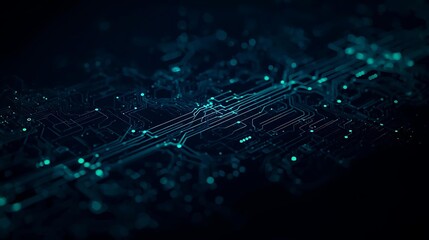 Abstract digital circuit board with glowing blue lines and particles on a dark background, representing technology and data flow.
