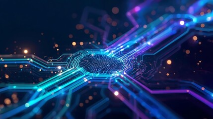 Abstract digital circuit board with glowing blue and purple lines representing data flow and connectivity.