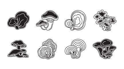Collection of eight distinct mushroom silhouettes with textured patterns