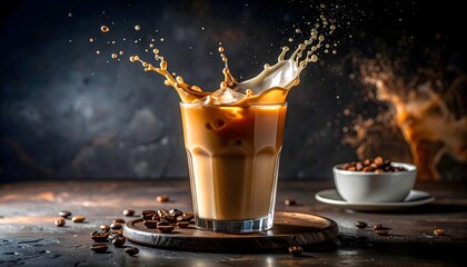 A dynamic and refreshing splash of iced coffee with cream erupting from a glass, set against a dark, moody background with scattered beans