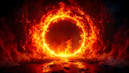 Fiery Portal: Ring of Flames Emerging from a Molten Landscape