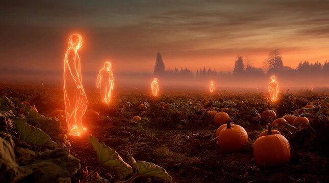 Orange glowing humanoid figures stand in a field of pumpkins at sunset. Warm light, hazy atmosphere, autumnal setting. 