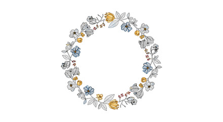 Fototapeta premium A delicate circular wreath composed of hand-drawn floral elements and botanical illustrations.