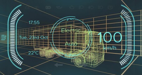 Simulation starting truck wireframe accelerating to 121kmh as selector shifting showing power flow - Powered by Adobe
