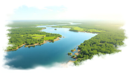 Fototapeta premium Ecology A river delta with visible water channels and green marshes, scene isolated on a white background, for wetland ecosystem visuals, habitat conservation (2)