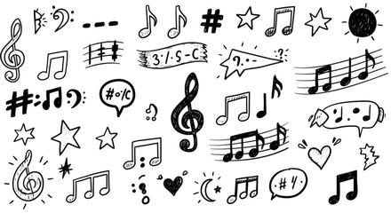 Illustration of collection of handdrawn music notes and symbols on a