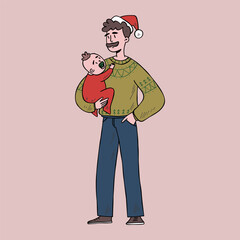 Father holding a baby in his arms. Christmas mood. Suitable for postcards, Advent calendars, and New Year's themes
