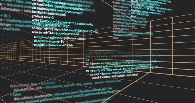 When opening dark wireframe grid, teal HTML code snippets scrolling clustering forming data tunnel