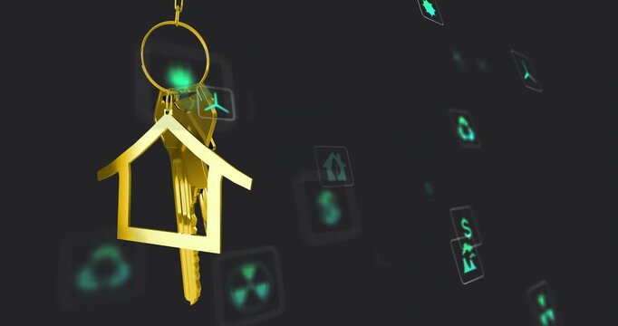 Green glow initiating neon icons fading around gold house keyring rotating keys showing smart home