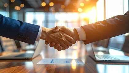 Dynamic business handshake in a vibrant boardroom, open laptops, warm lighting, clean lines, photorealistic details for executive webpage banner