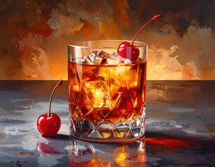 A detailed view of a whiskey cocktail glass filled with ice and a red cherry garnish, presented against a backdrop of colorful abstract art.