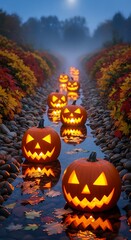A pathway lined with glowing jack-o'-lanterns floats serenely in a shallow stream, bathed in the soft hues of twilight and reflecting the mystical atmosphere.