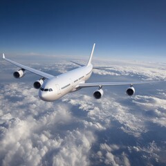 Large, white passenger plane soars above a fluffy cloudscape against a blue sky, creating a serene travel scene