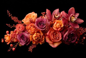 Autumnal floral arrangement featuring roses, orchids, and berries in warm shades of orange, burgundy, and deep purple against a stark black background