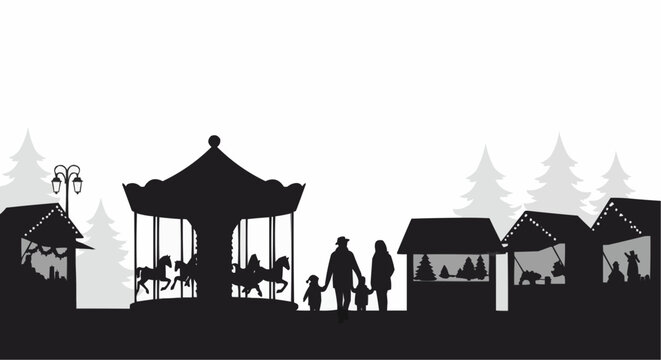 A family enjoying a day at a festive carnival, featuring a carousel and market stalls.
