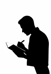 A silhouette of a person writing in a notebook.