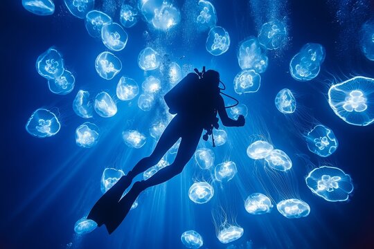 Silhouetted diver explores a mesmerizing underwater realm teeming with bioluminescent jellyfish