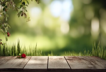 Rustic wood planks sit before a blurred green bokeh background with grasses and overhead vines, suggesting a peaceful nature setting