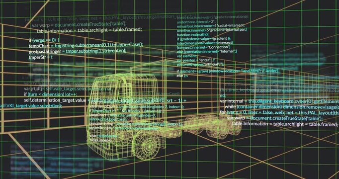 On first code fade-in, yellow wireframe semi-truck staying fixed while layering data integration