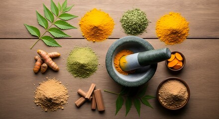 Overhead shot of herbs and spices with mortar and pestle on a wooden surface for natural remedies