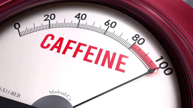 Caffeine off the charts. Meter showing increasing,dangerous and high levels of caffeine,potential overload. Maximum and critical caffeine
