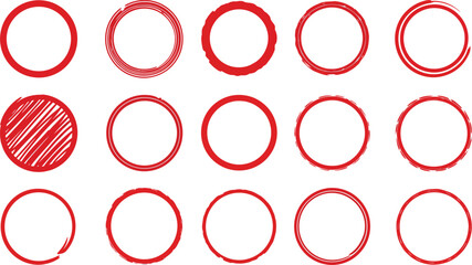 Collection of hand drawn red circles with varying textures on transparent background