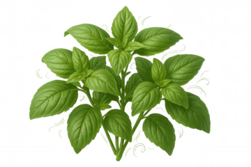 Fresh green basil leaves growing vibrantly, displaying crisp texture and aromatic quality on clear background for food styling or kitchen imagery