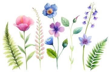 Naklejka premium Assorted Watercolor Flowers and Ferns on a White Background floral nature