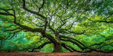 An expansive old tree with moss-covered branches reaching toward the earth creates a verdant canopy against a bright, soft sky
