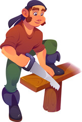 Pirate carpenter ship crew cartoon corsair character wearing a bandana is sawing a wooden plank with a hand saw, highlights craftsmanship, woodworking skills, and a cheerful approach to manual labor