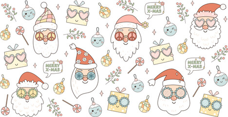 Retro Christmas 16oz libbey glass can wrap: Hippie Santa Claus, Christmas ornaments, gifts, lollipops, plants. Groovy holiday tumbler wrapping designs