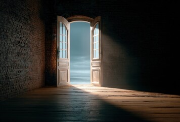 Open door in brick wall room reveals sky. Light streams in, illuminating wood floor; opposite wall is darkened. Surreal, hopeful