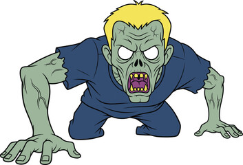 Colored zombie crawling vector illustration, scary undead monster with yellow hair, horror Halloween character, creepy zombie graphic design, spooky horror art © Its Marjia's World
